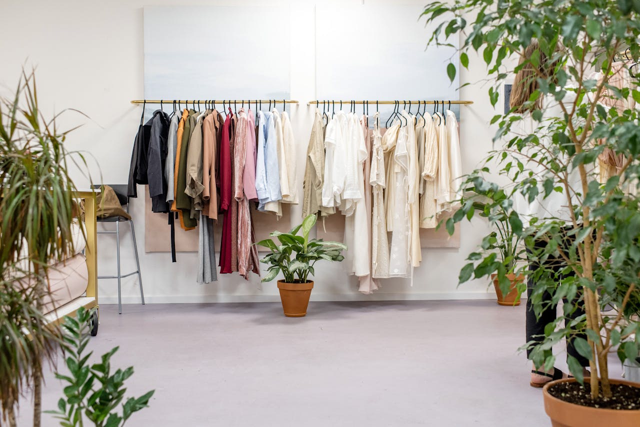 Home Chic fashion boutique showcasing vibrant clothing collection with lush indoor plants.